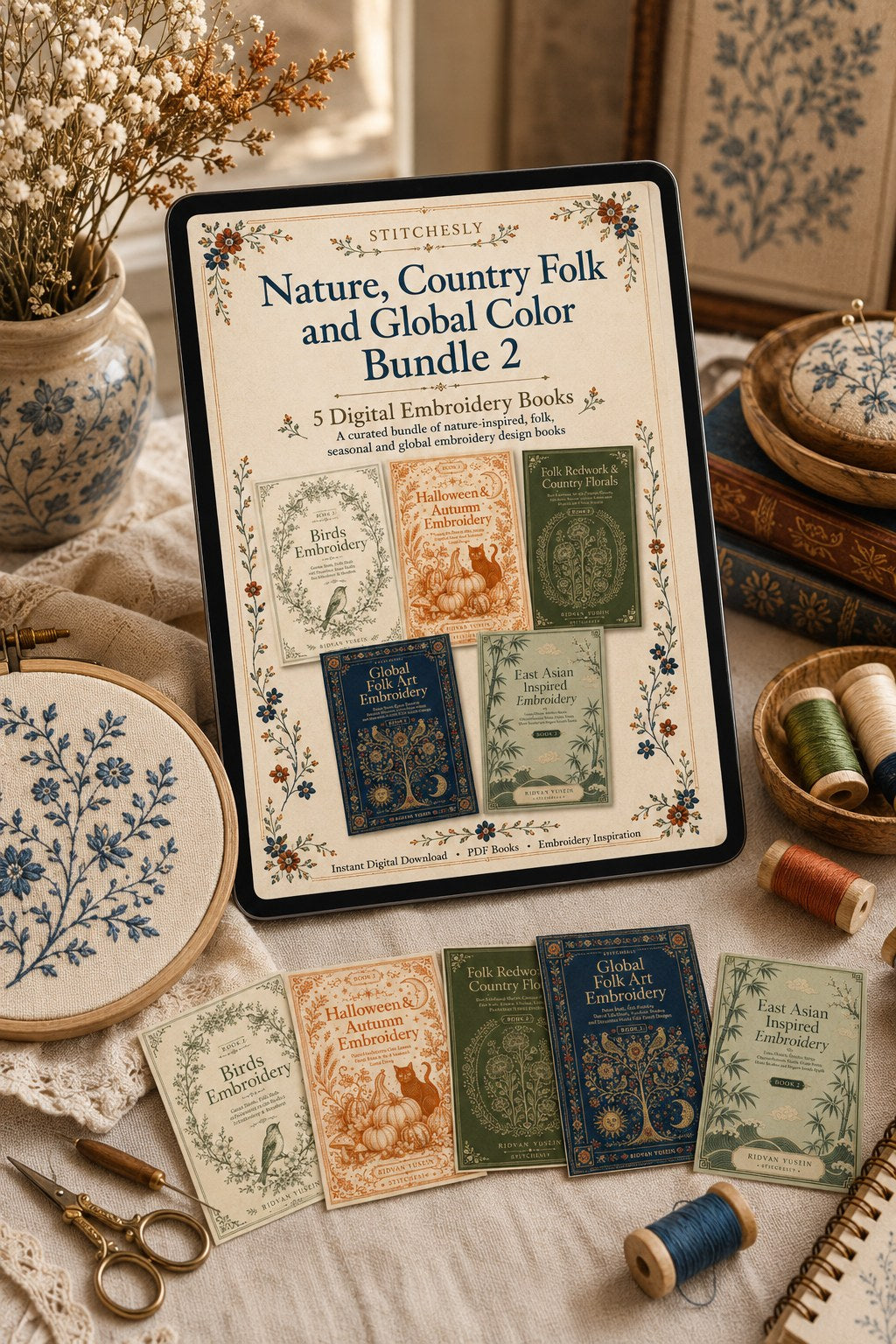 Digital PDF embroidery design bundle cover preview for Nature, Country Folk & Global Color Bundle 2, featuring curated embroidery patterns, motif library references and textile… - preview 4