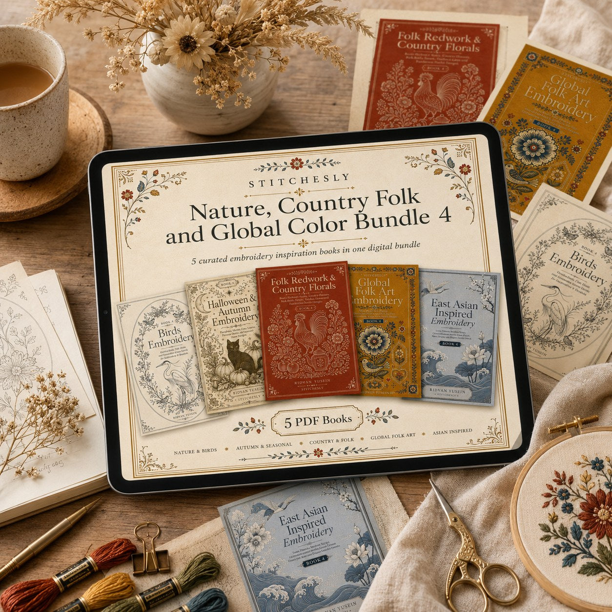Digital PDF embroidery design bundle cover preview for Nature, Country Folk & Global Color Bundle 4, featuring curated embroidery patterns, motif library references and textile… - preview 4