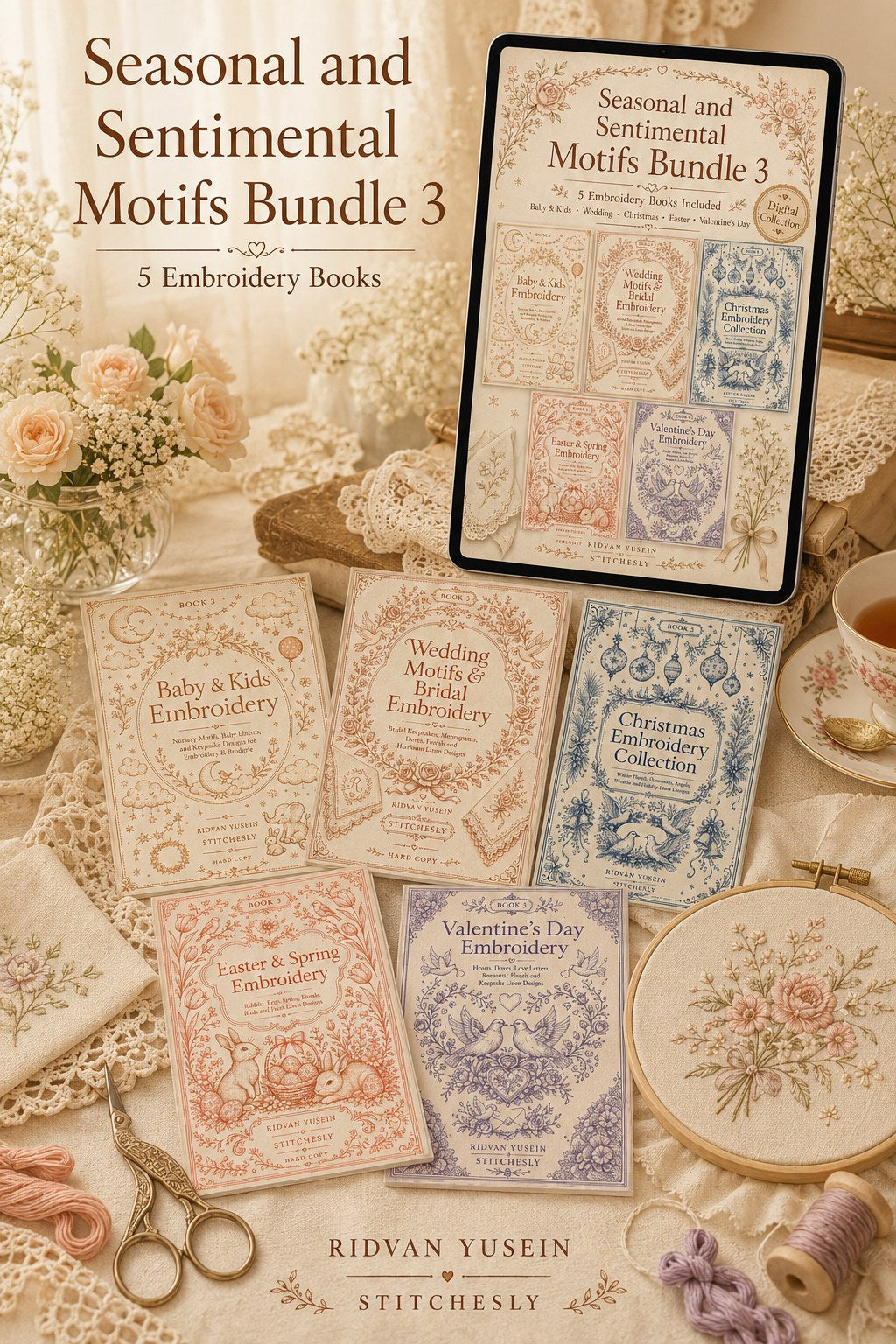 Digital PDF embroidery design bundle cover preview for Seasonal & Sentimental Motifs Bundle 3, featuring curated embroidery patterns, motif library references and textile design… - preview 4