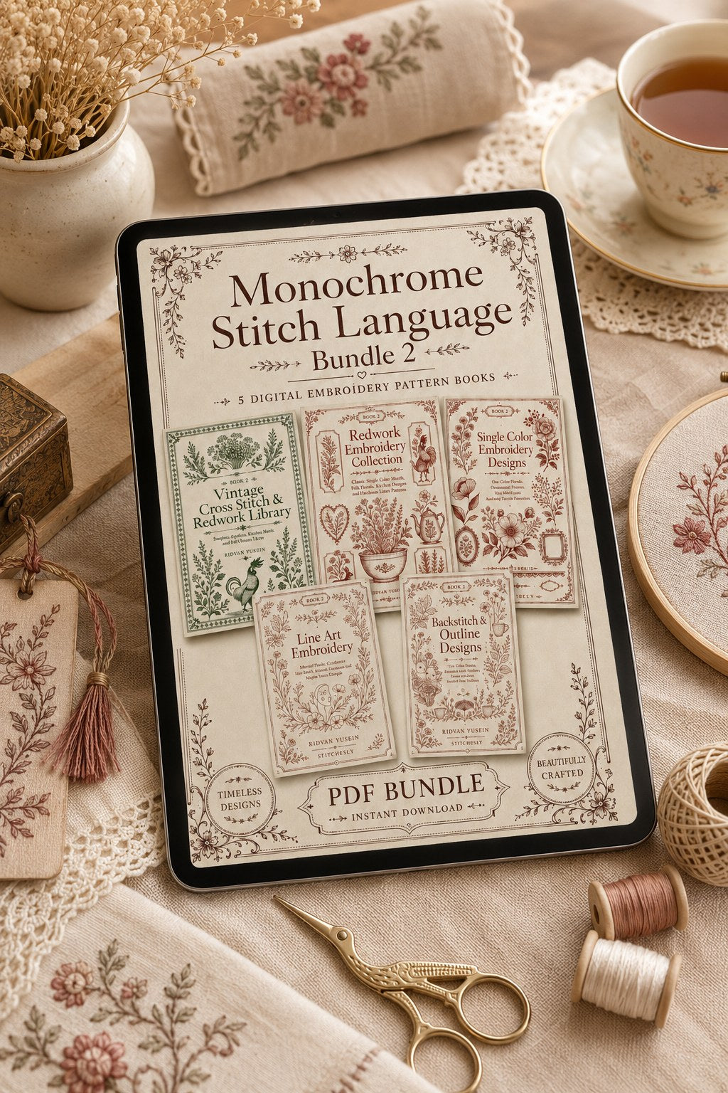 Digital PDF embroidery design bundle cover preview for Monochrome Stitch Language Bundle 2, featuring curated embroidery patterns, motif library references and textile design… - preview 4