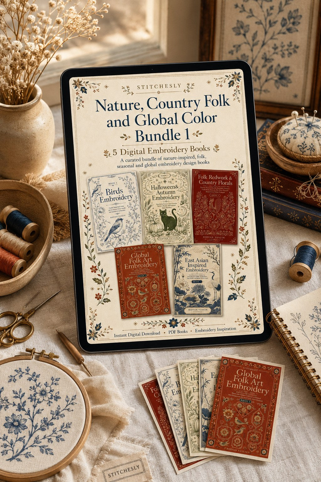 Digital PDF embroidery design bundle cover preview for Nature, Country Folk & Global Color Bundle 1, featuring curated embroidery patterns, motif library references and textile… - preview 4