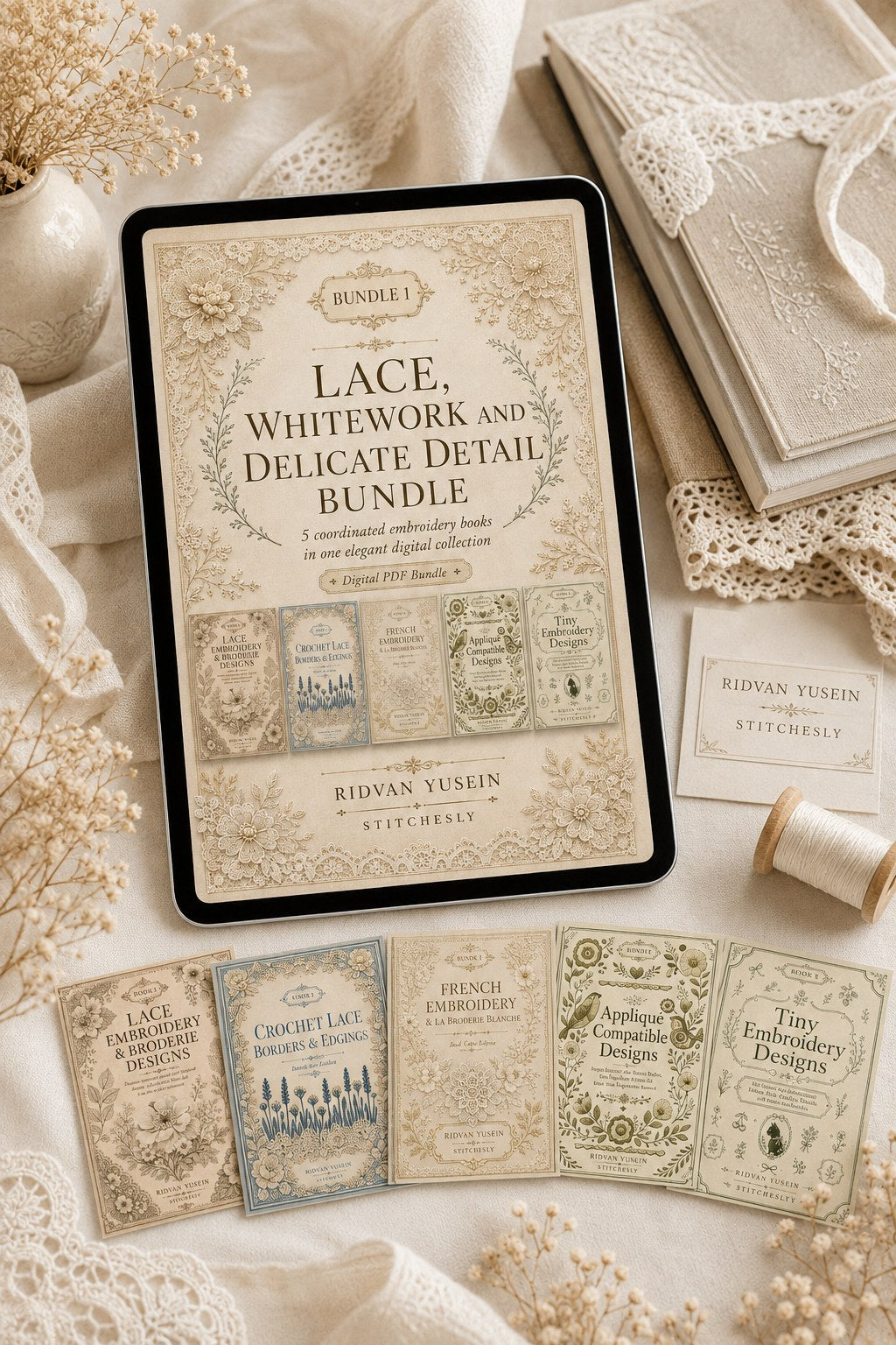 Digital PDF embroidery design bundle cover preview for Lace, Whitework & Delicate Detail Bundle 1, featuring curated embroidery patterns, motif library references and textile… - preview 4