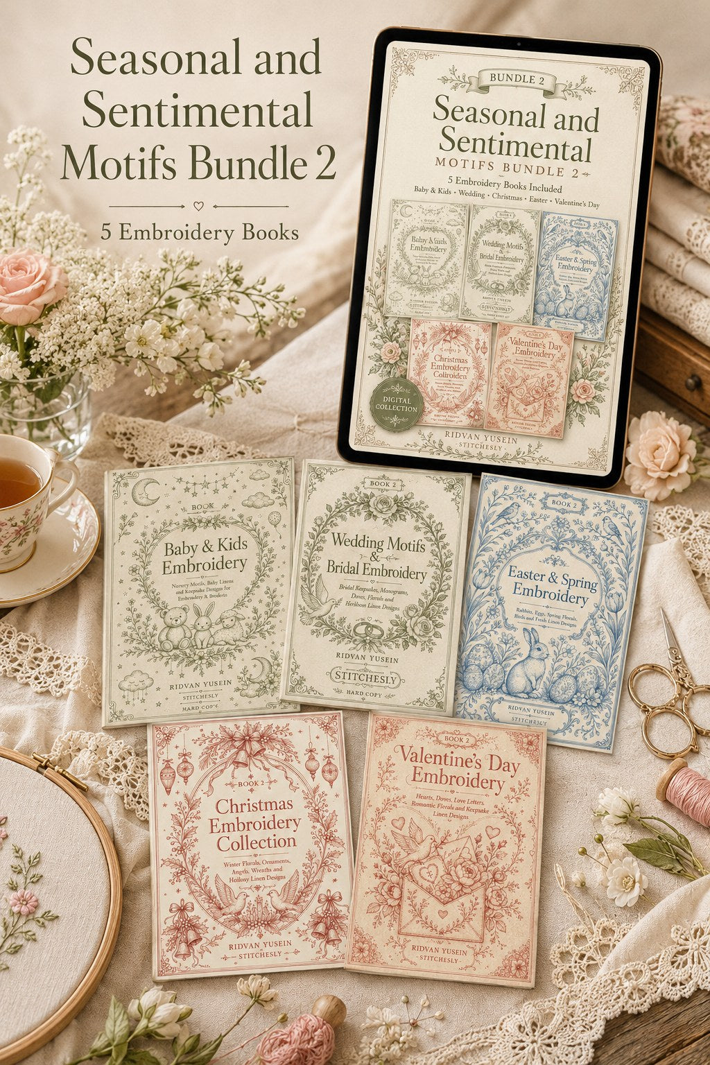 Digital PDF embroidery design bundle cover preview for Seasonal & Sentimental Motifs Bundle 2, featuring curated embroidery patterns, motif library references and textile design… - preview 4