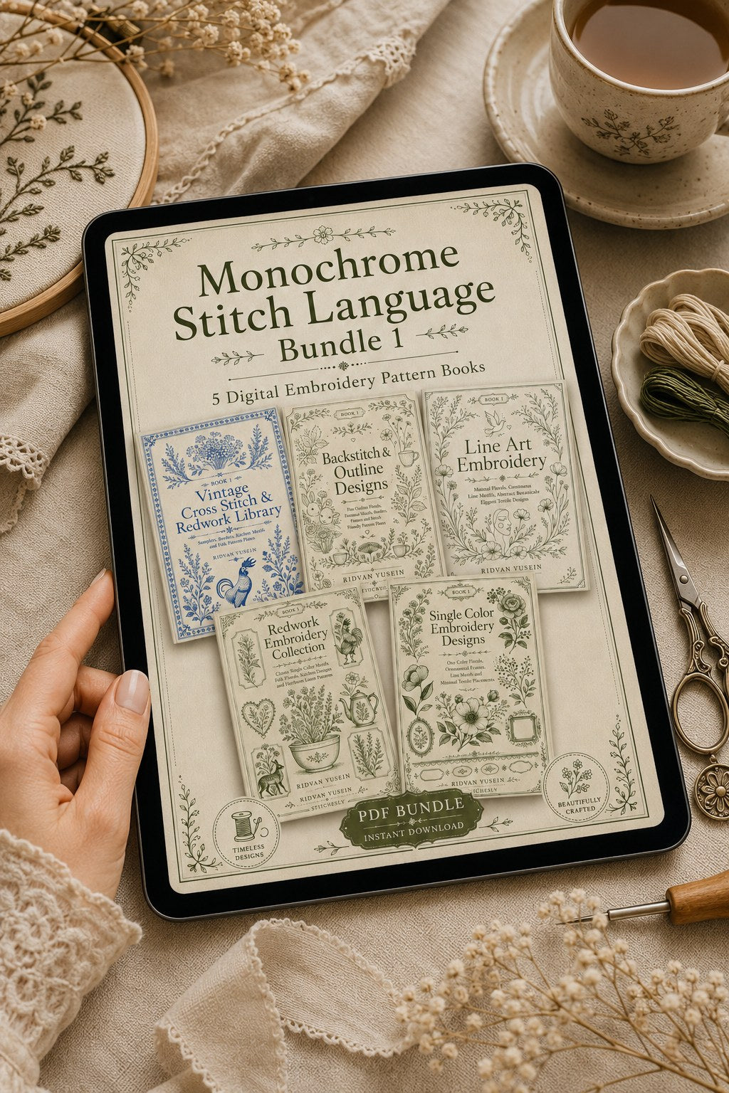 Digital PDF embroidery design bundle cover preview for Monochrome Stitch Language Bundle 1, featuring curated embroidery patterns, motif library references and textile design… - preview 4