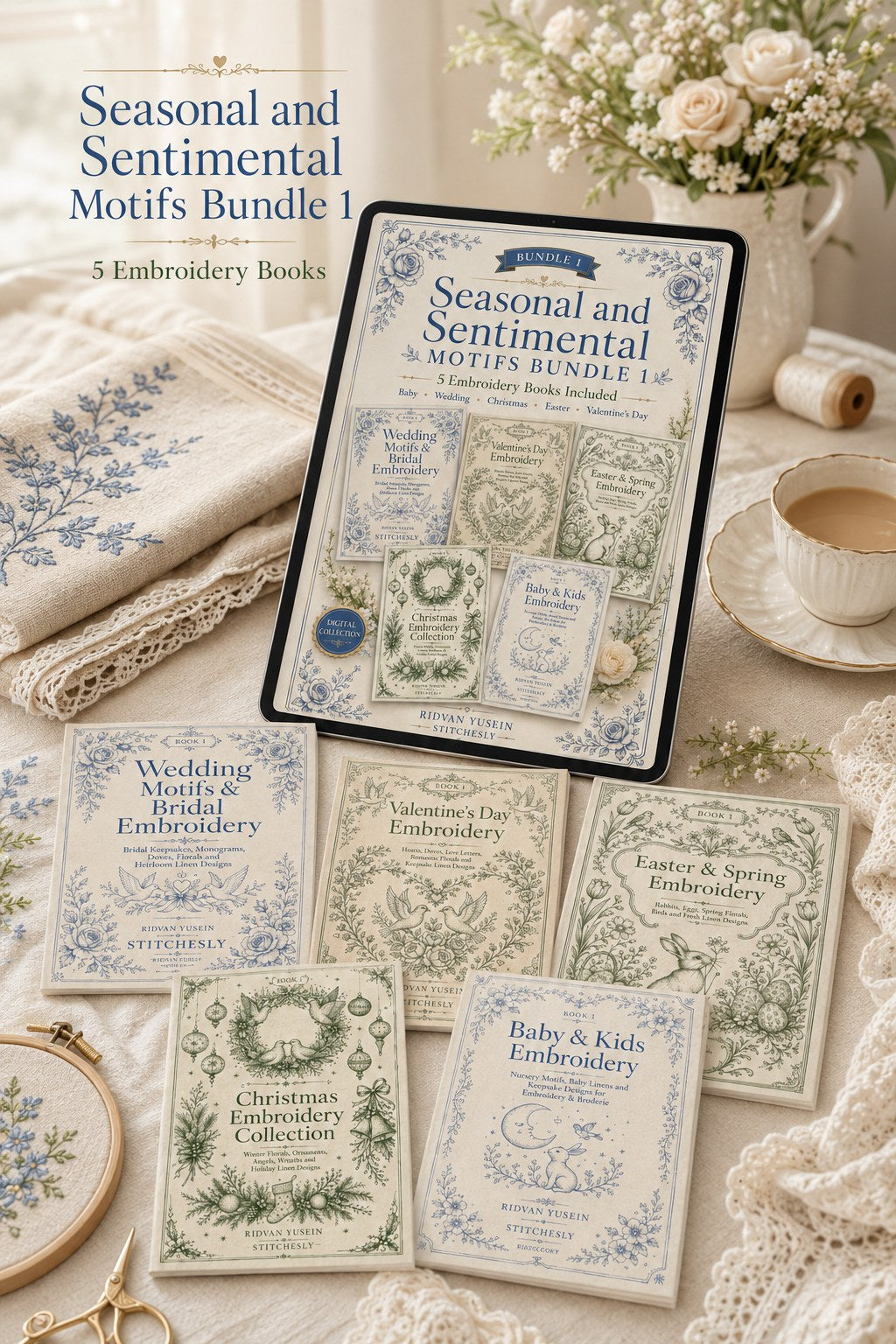 Digital PDF embroidery design bundle cover preview for Seasonal & Sentimental Motifs Bundle 1, featuring curated embroidery patterns, motif library references and textile design… - preview 4