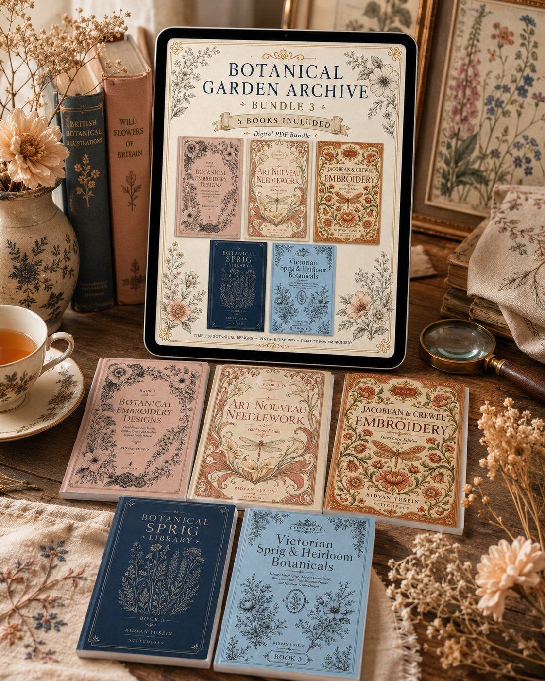 Digital PDF embroidery design bundle cover preview for Botanical Garden Archive Bundle 3, featuring curated embroidery patterns, motif library references and textile design… - preview 4