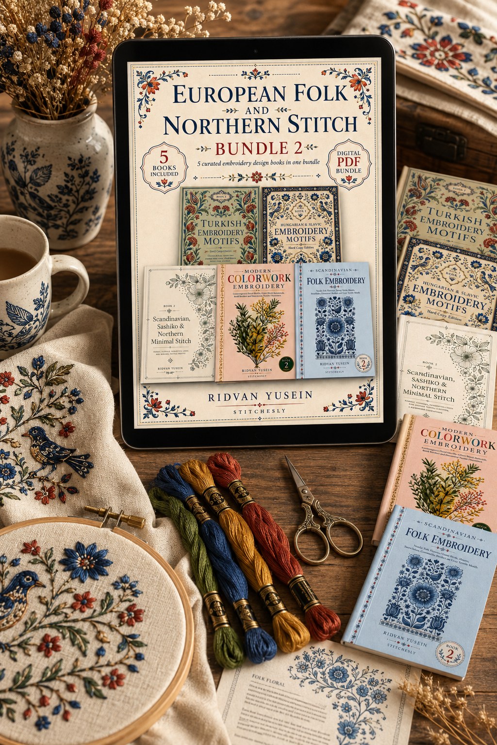 Digital PDF embroidery design bundle cover preview for European Folk & Northern Stitch Bundle 2, featuring curated embroidery patterns, motif library references and textile… - preview 4