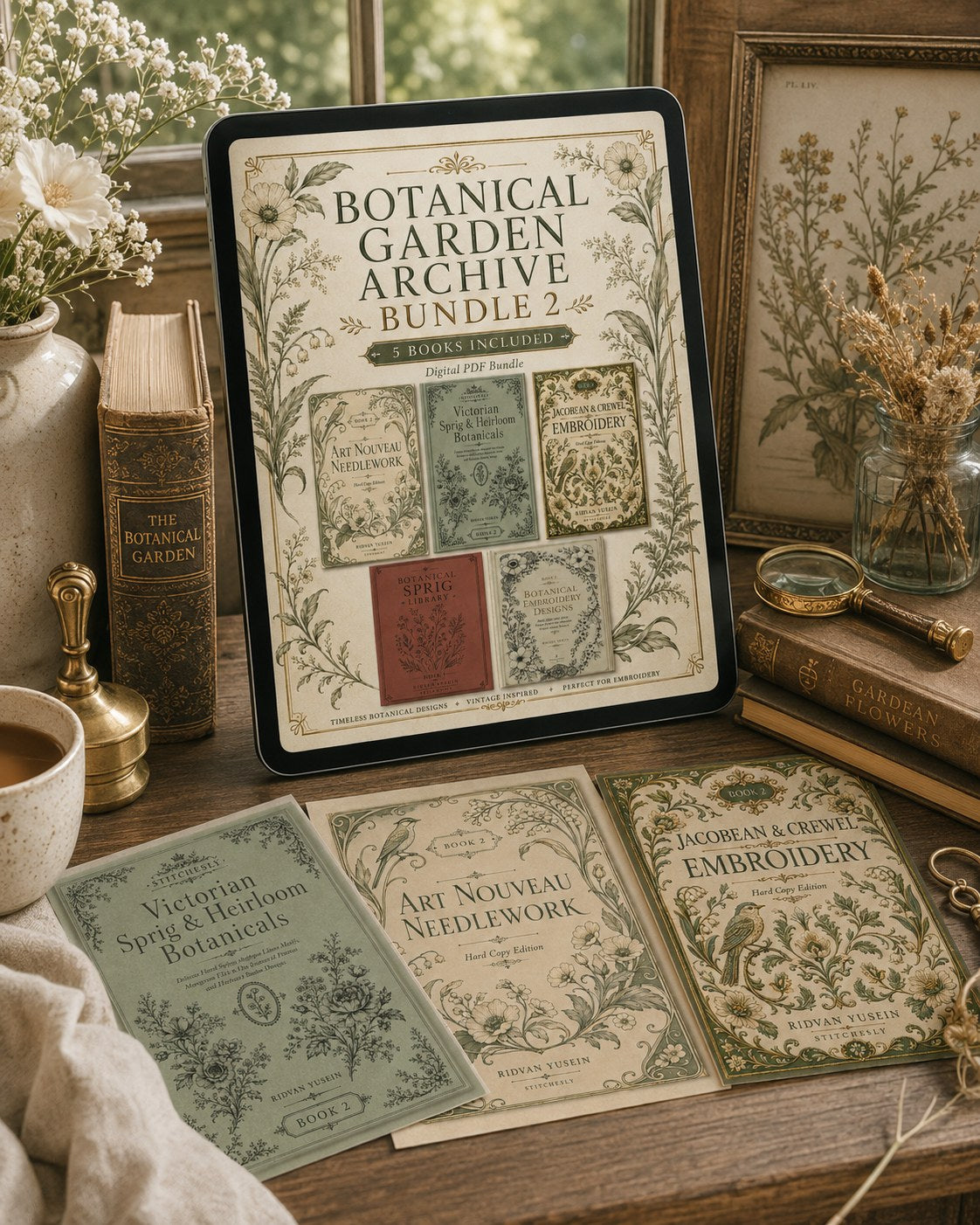 Digital PDF embroidery design bundle cover preview for Botanical Garden Archive Bundle 2, featuring curated embroidery patterns, motif library references and textile design… - preview 4
