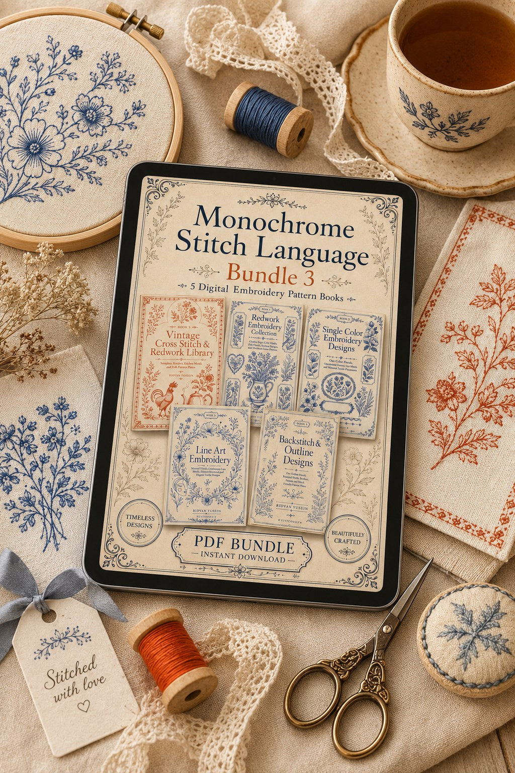 Digital PDF embroidery design bundle cover preview for Monochrome Stitch Language Bundle 3, featuring curated embroidery patterns, motif library references and textile design… - preview 4