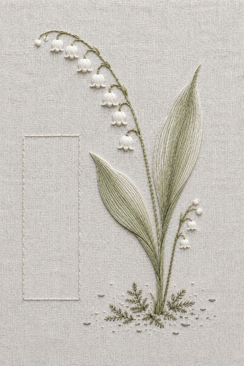 Illustrative embroidery design: Ivory lily-of-the-valley bells hang beside long green leaves and a clear rectangle of linen.