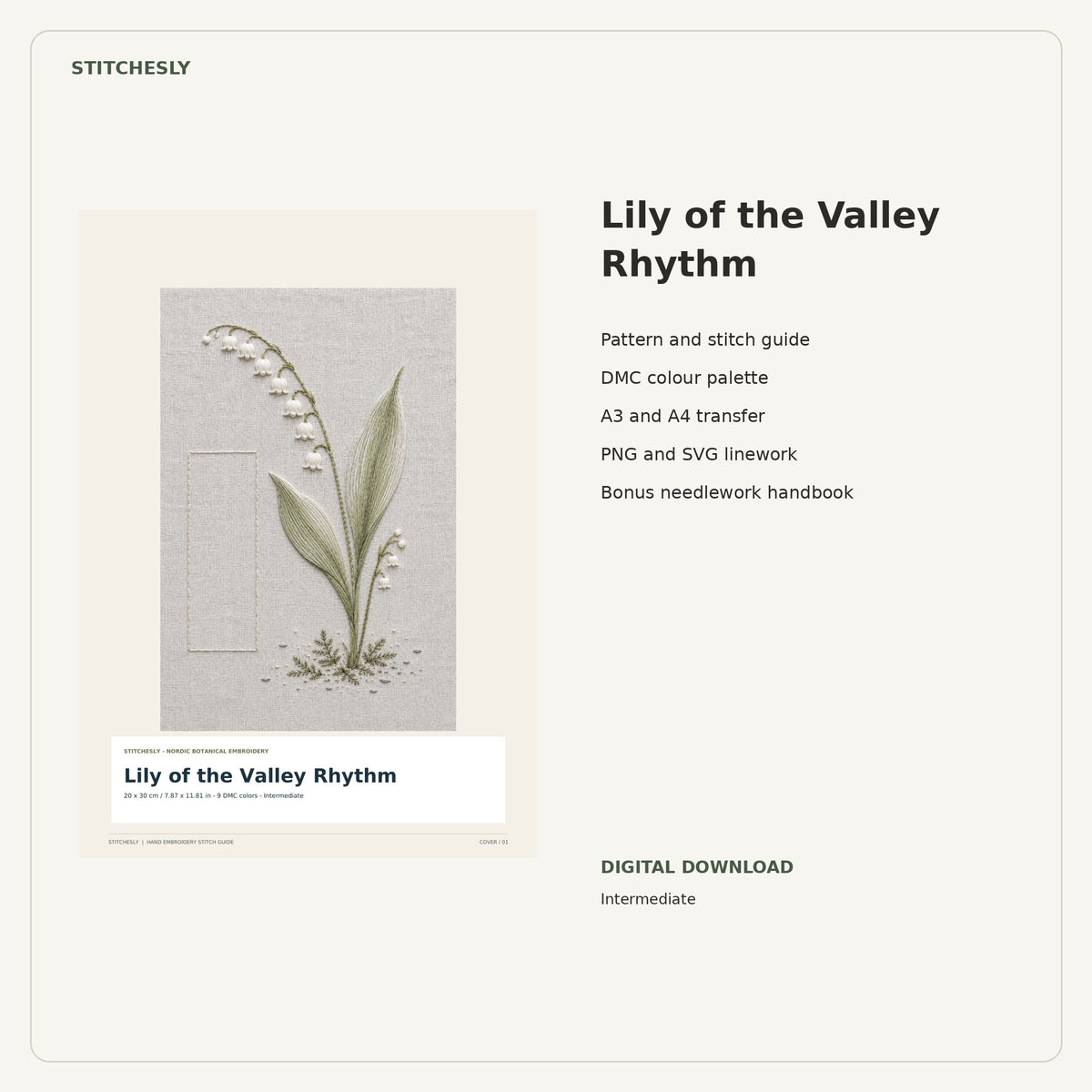 Lily of the Valley Rhythm PDF stitch guide cover, pattern files and bonus needlework handbook.