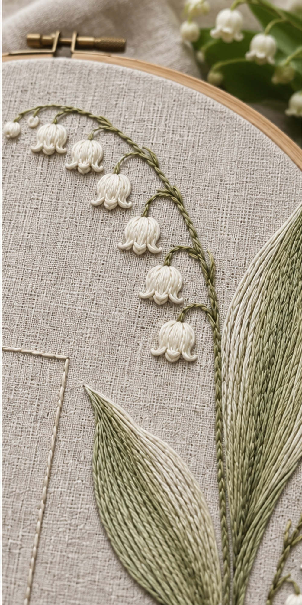 Close view of bell-shaped flowers mockup featuring the Lily of the Valley Rhythm hand embroidery design. Ivory lily-of-the-valley bells hang beside long green leaves and a clear rectangle of linen.