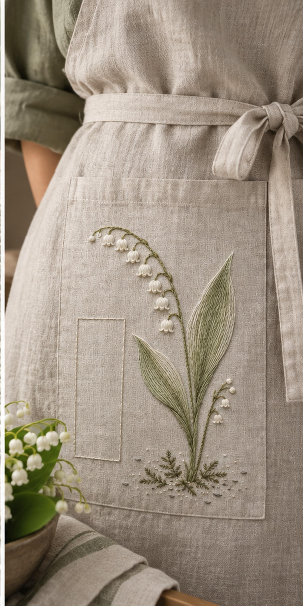 Drawstring bag mockup featuring the Lily of the Valley Rhythm hand embroidery design. Ivory lily-of-the-valley bells hang beside long green leaves and a clear rectangle of linen.