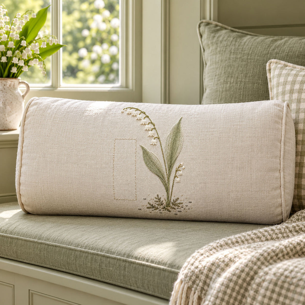 Long linen cushion mockup featuring the Lily of the Valley Rhythm hand embroidery design. Ivory lily-of-the-valley bells hang beside long green leaves and a clear rectangle of linen.