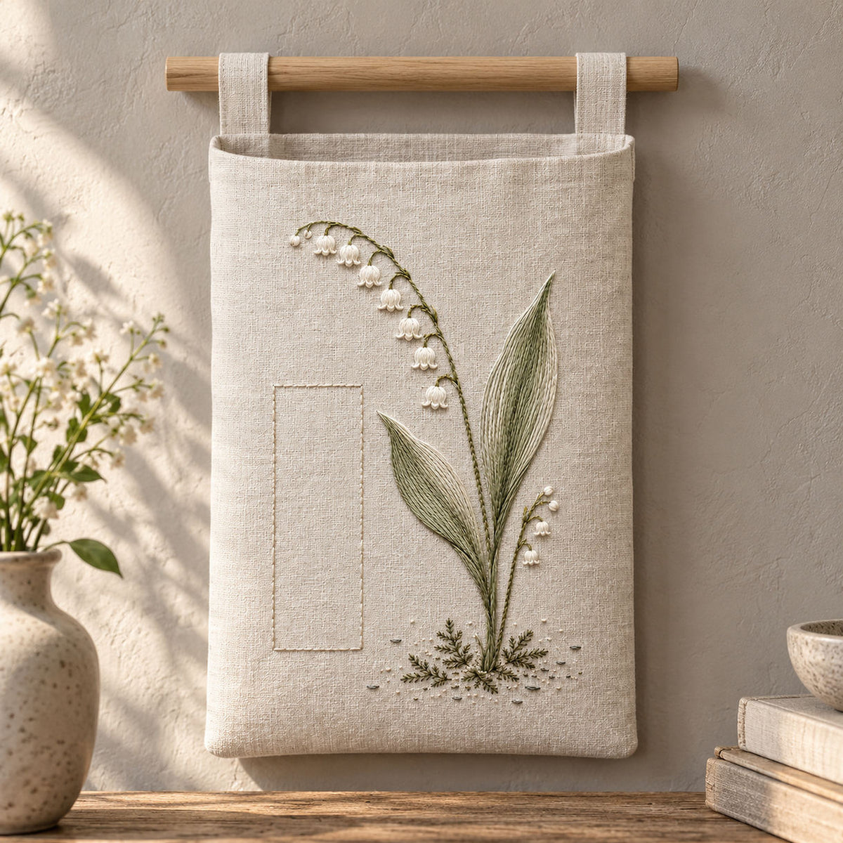 Hanging linen pocket mockup featuring the Lily of the Valley Rhythm hand embroidery design. Ivory lily-of-the-valley bells hang beside long green leaves and a clear rectangle of linen.