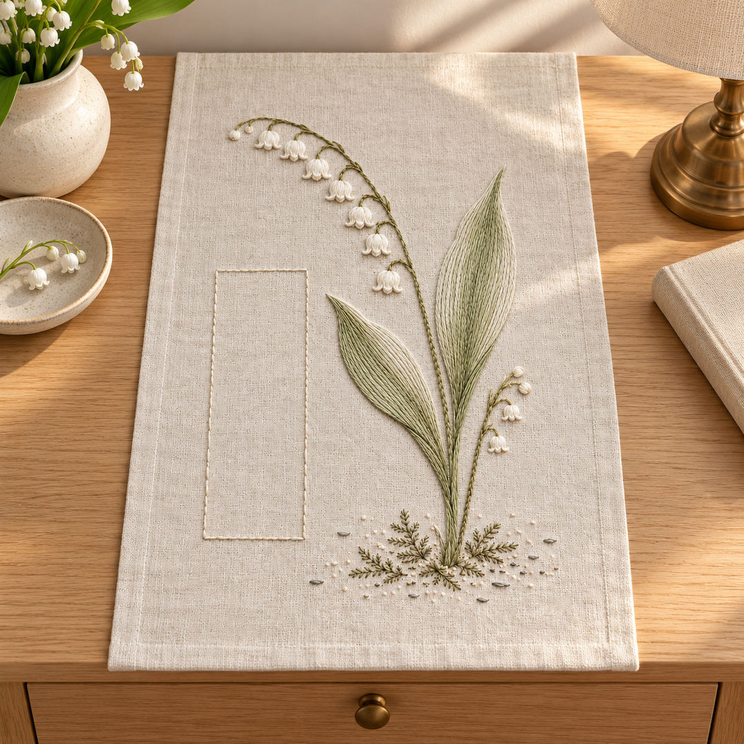 Linen laid on a table mockup featuring the Lily of the Valley Rhythm hand embroidery design. Ivory lily-of-the-valley bells hang beside long green leaves and a clear rectangle of linen.