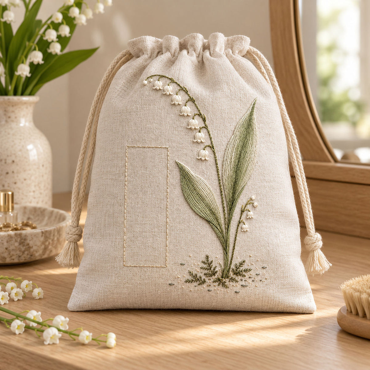 Linen drawstring bag mockup featuring the Lily of the Valley Rhythm hand embroidery design. Ivory lily-of-the-valley bells hang beside long green leaves and a clear rectangle of linen.