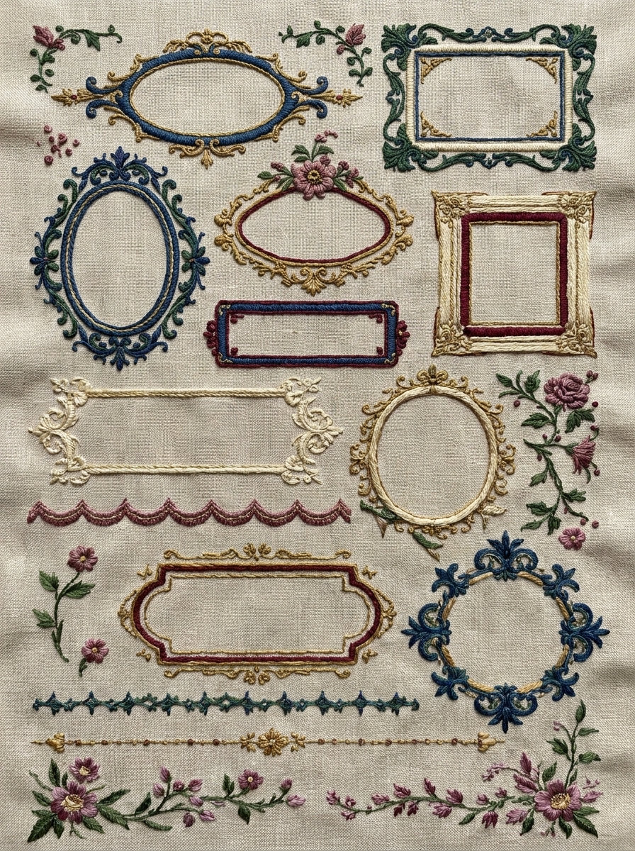 Line Art Border Frame System from Line Art Embroidery Book 2, a digital embroidery design reference for machine embroidery designs, embroidery patterns and border and edge embroidery.