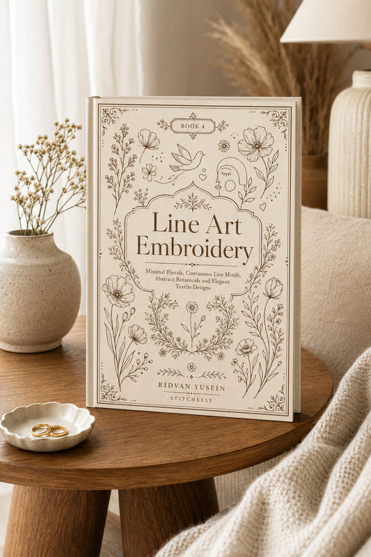 Line Art Embroidery Edition Four book cover beside window on round table.
