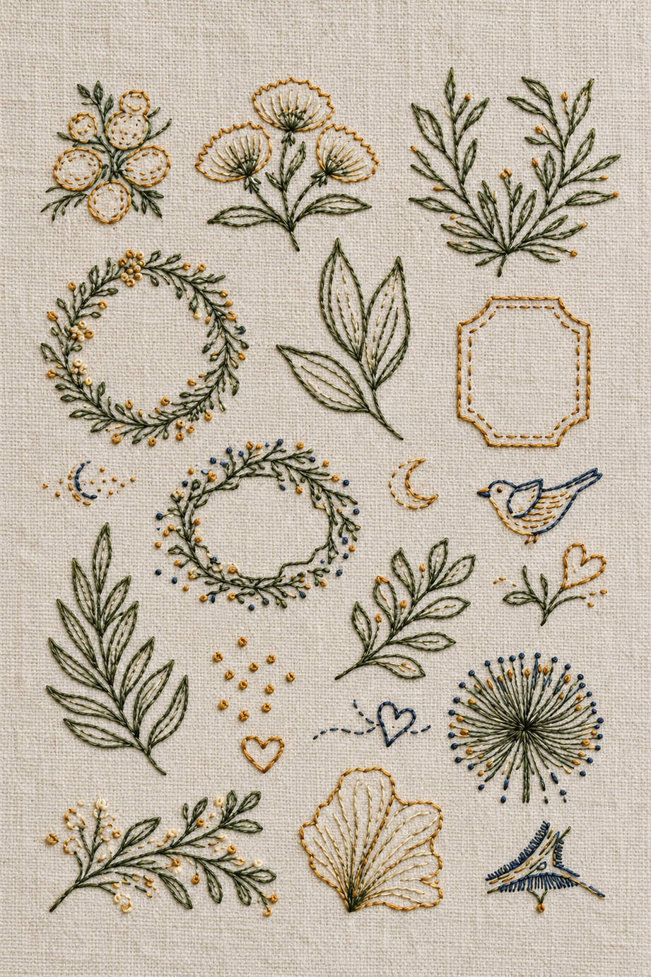 Fine line embroidery visualization of botanical keepsakes two wreaths and open frame library in sage green, olive, pale ochre, warm cream, antique ochre and ink blue matte cotton on pale natural oatmeal linen.