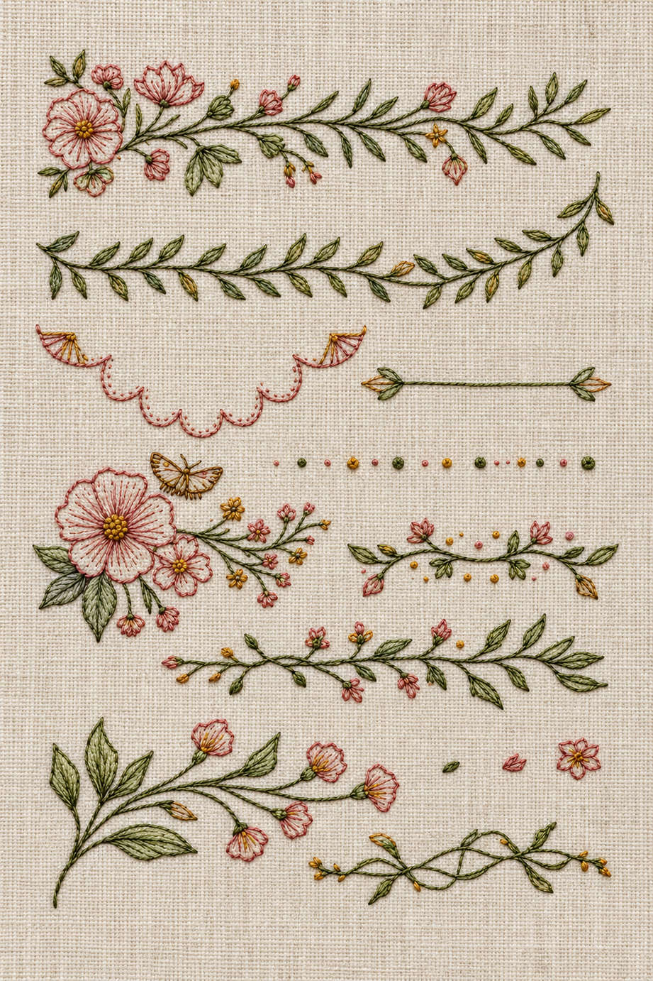 Fine line embroidery visualization of floral bands leafy borders and scalloped trim in sage green, olive, dusty rose, pale ochre and antique ochre matte cotton on natural pale oatmeal linen.