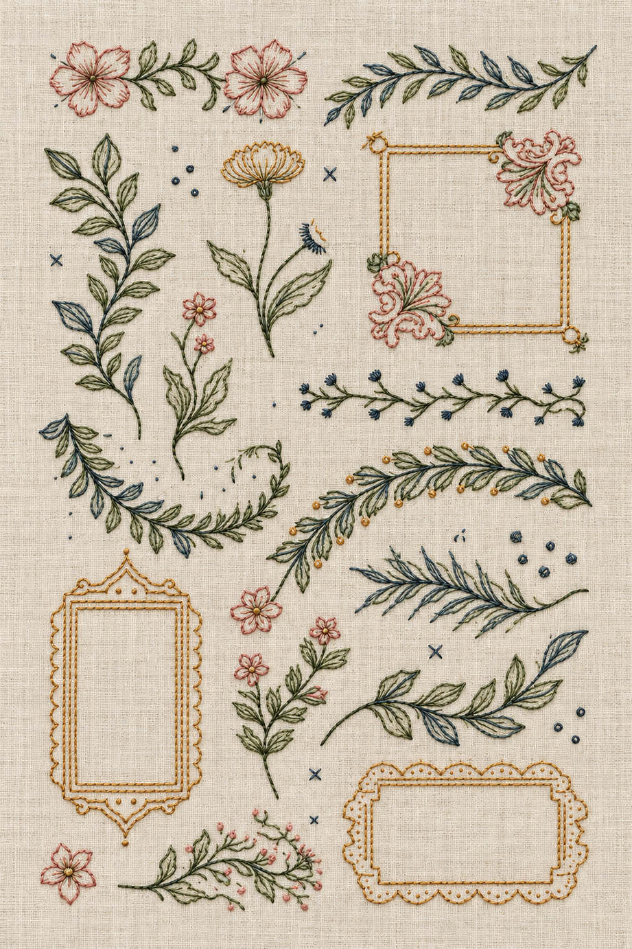 Fine line embroidery visualization of open monogram frames and botanical border sampler in sage green, olive, ink blue, pale ochre, dusty rose and soft cream matte cotton on natural ivory linen.