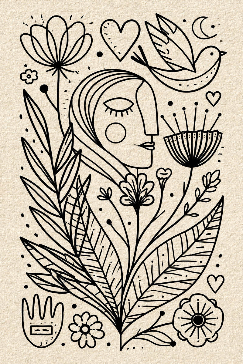 Original design plate of woman profile songbird and botanical line sampler from Line Art Embroidery Edition One.