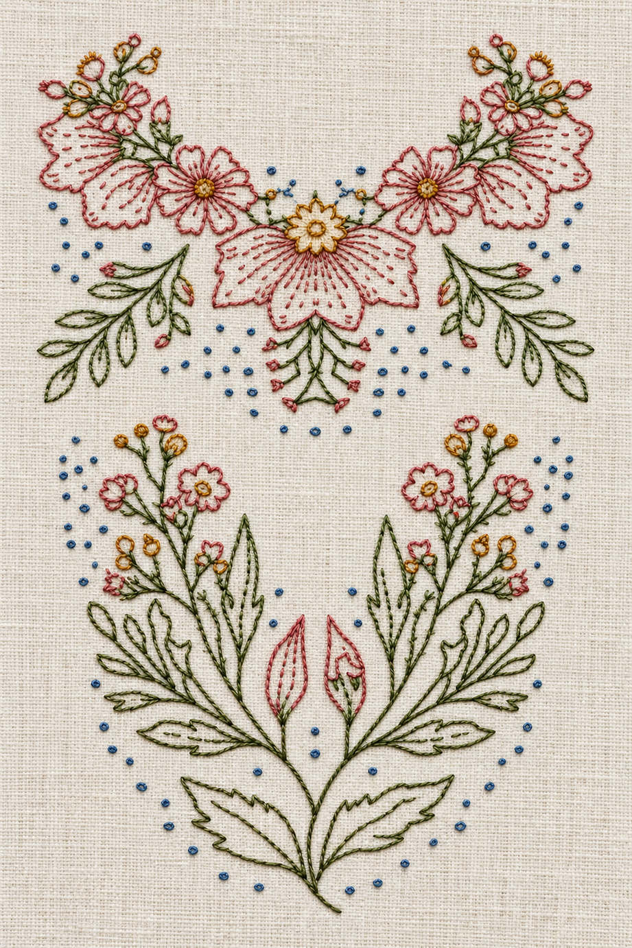 Fine line embroidery visualization of floral yoke and mirrored wildflower sprays in dusty rose, antique ochre, dusty blue, muted sage and olive matte cotton on pale natural ivory linen.