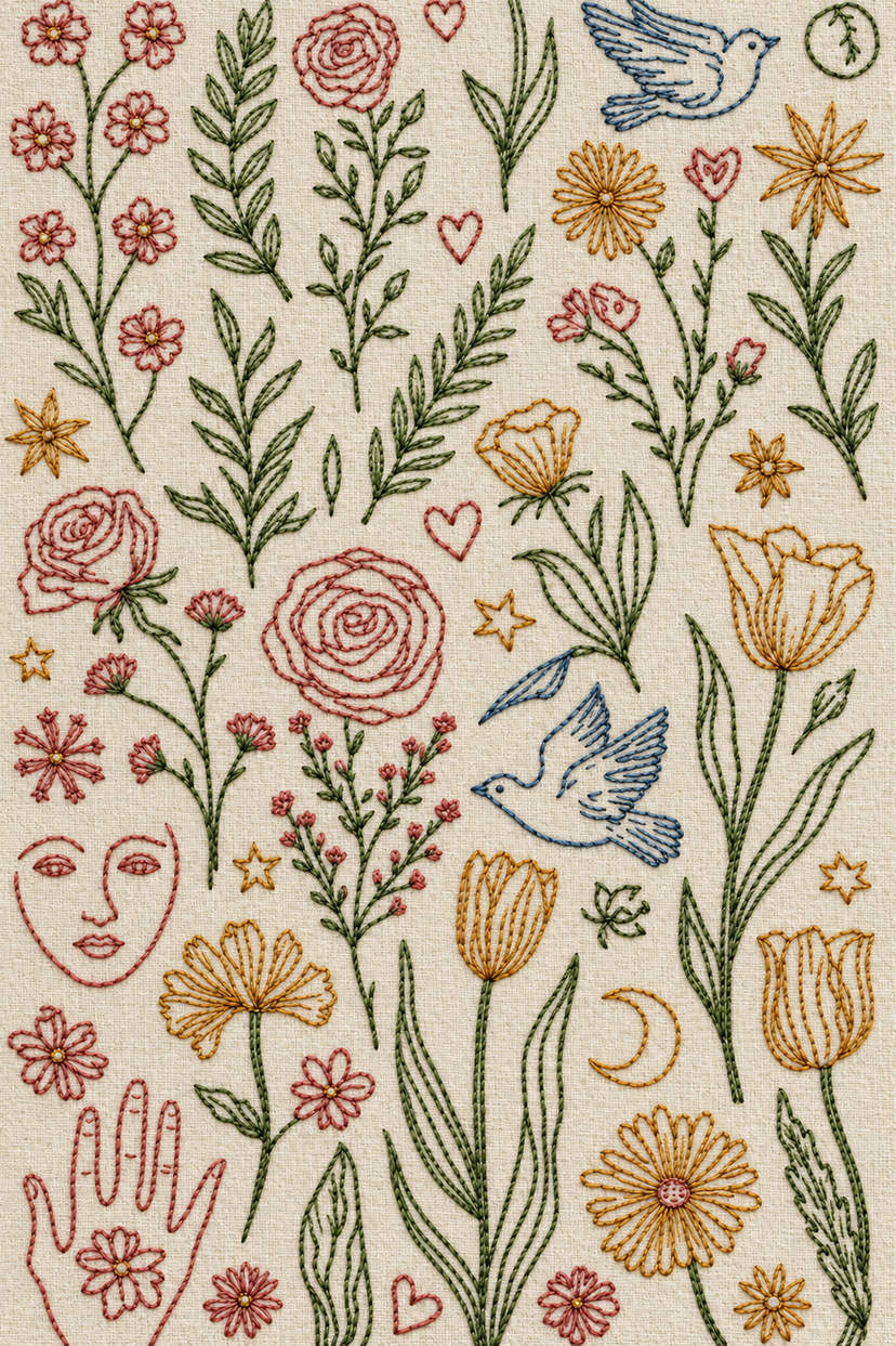 Fine line embroidery visualization of two birds face palm and botanical sampler in dusty rose, pale ochre, dusty blue, muted sage and olive matte cotton on warm ivory linen.