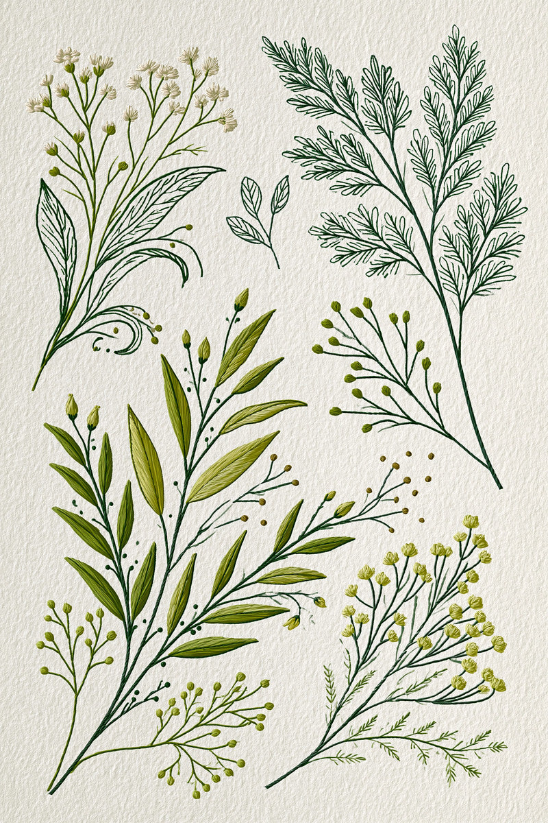 Linen And Gift Sprig Library from Botanical Sprig Library Book 7, a digital embroidery design reference for machine embroidery designs, embroidery patterns and linen and home textile projects.