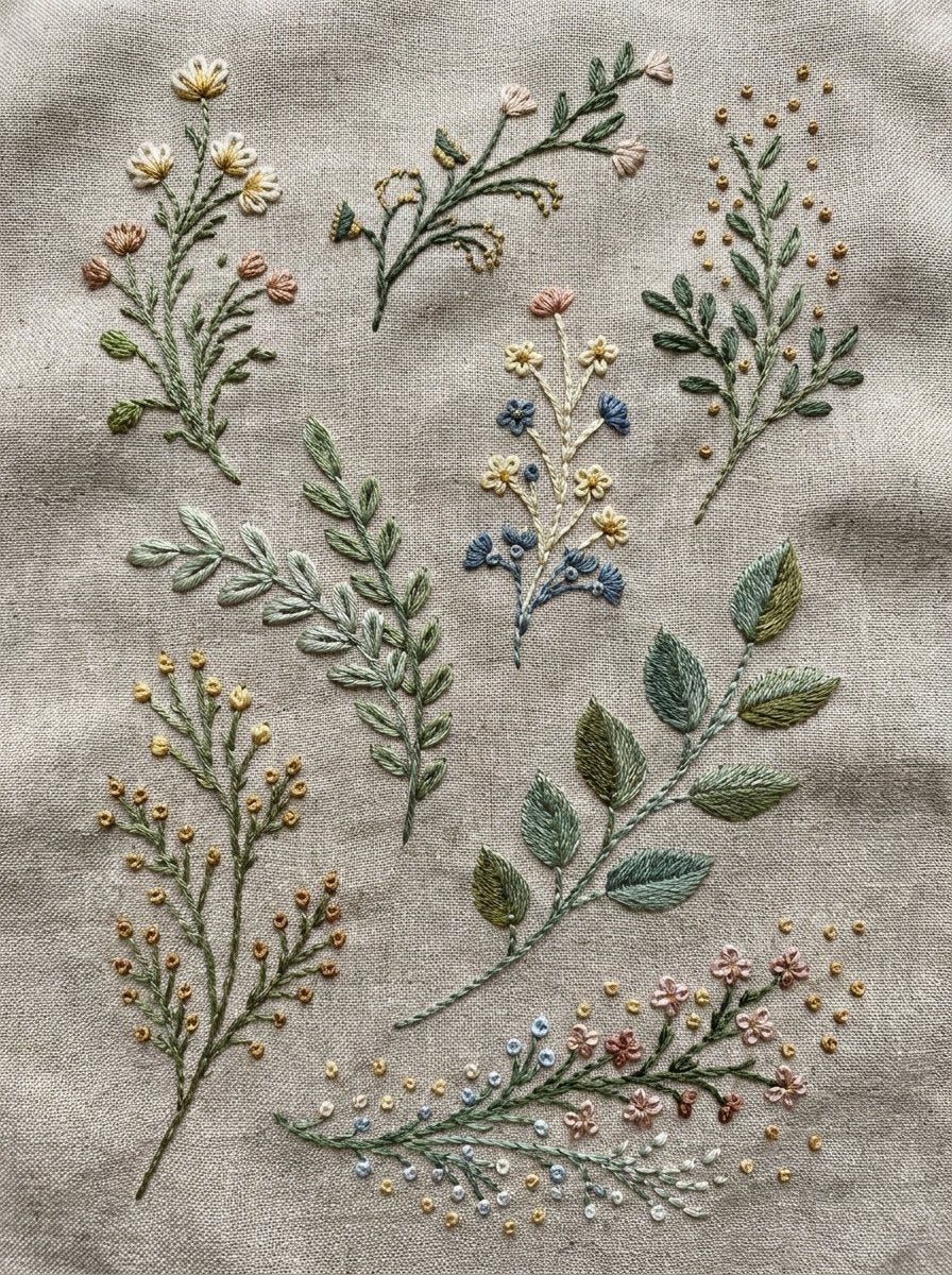 Linen And Gift Sprig Library from Botanical Sprig Library Book 1, a digital embroidery design reference for machine embroidery designs, embroidery patterns and linen and home textile projects.