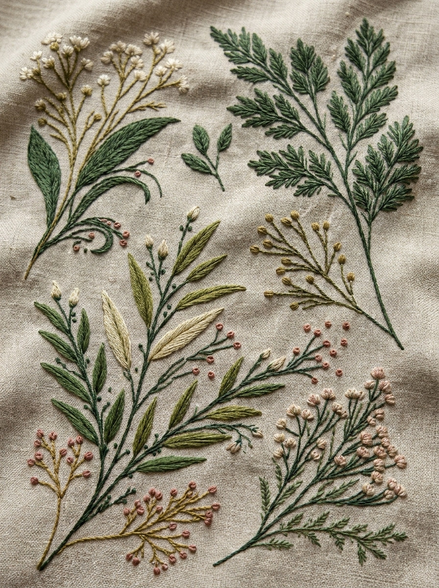 Linen And Gift Sprig Library from Botanical Sprig Library Book 7, a digital embroidery design reference for machine embroidery designs, embroidery patterns and linen and home textile projects.