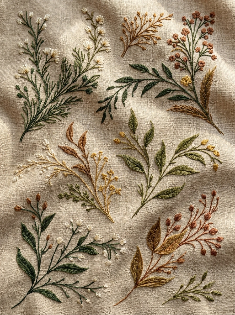 Linen And Gift Sprig Library from Botanical Sprig Library Book 5, a digital embroidery design reference for machine embroidery designs, embroidery patterns and linen and home textile projects.