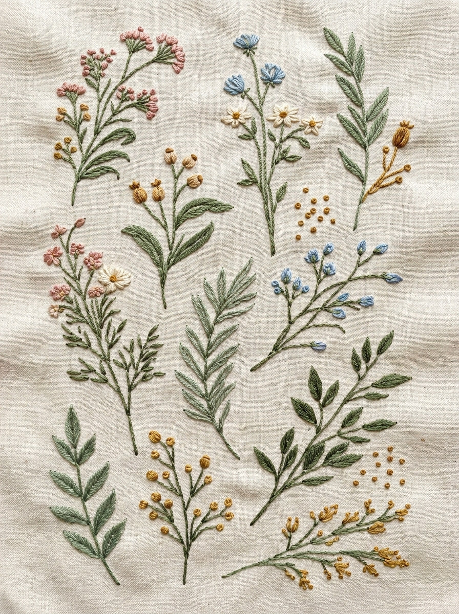 Linen And Gift Sprig Library from Botanical Sprig Library Book 9, a digital embroidery design reference for machine embroidery designs, embroidery patterns and linen and home textile projects.