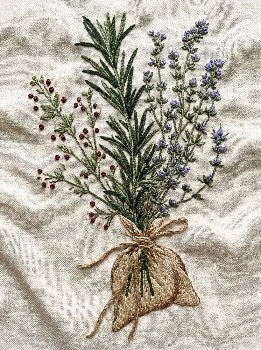Linen Pouch Herb Motif Kitchen 02 from Kitchen Towels & Aprons Embroidery Book 1, a digital embroidery design reference for machine embroidery designs, embroidery patterns and linen and home textile projects.