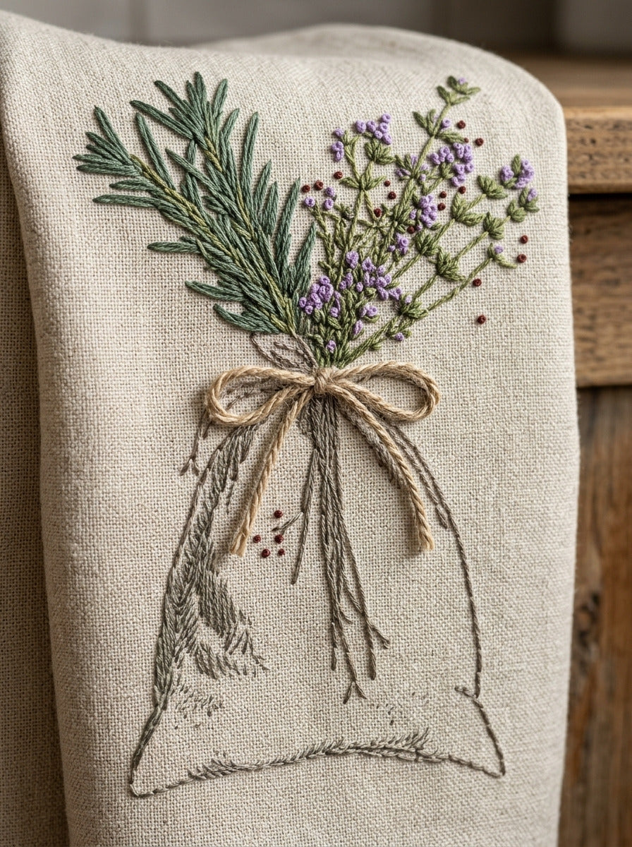 Linen Pouch Herb Motif Kitchen from Kitchen Towels & Aprons Embroidery Book 1, a digital embroidery design reference for machine embroidery designs, embroidery patterns and linen and home textile projects.