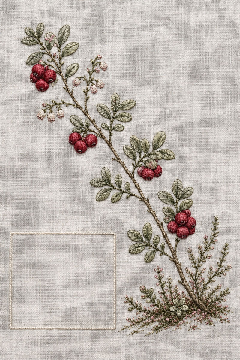Illustrative embroidery design: Garnet lingonberries and pale bell flowers follow a diagonal woodland branch.