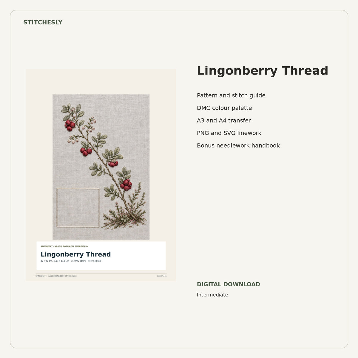 Lingonberry Thread PDF stitch guide cover, pattern files and bonus needlework handbook.