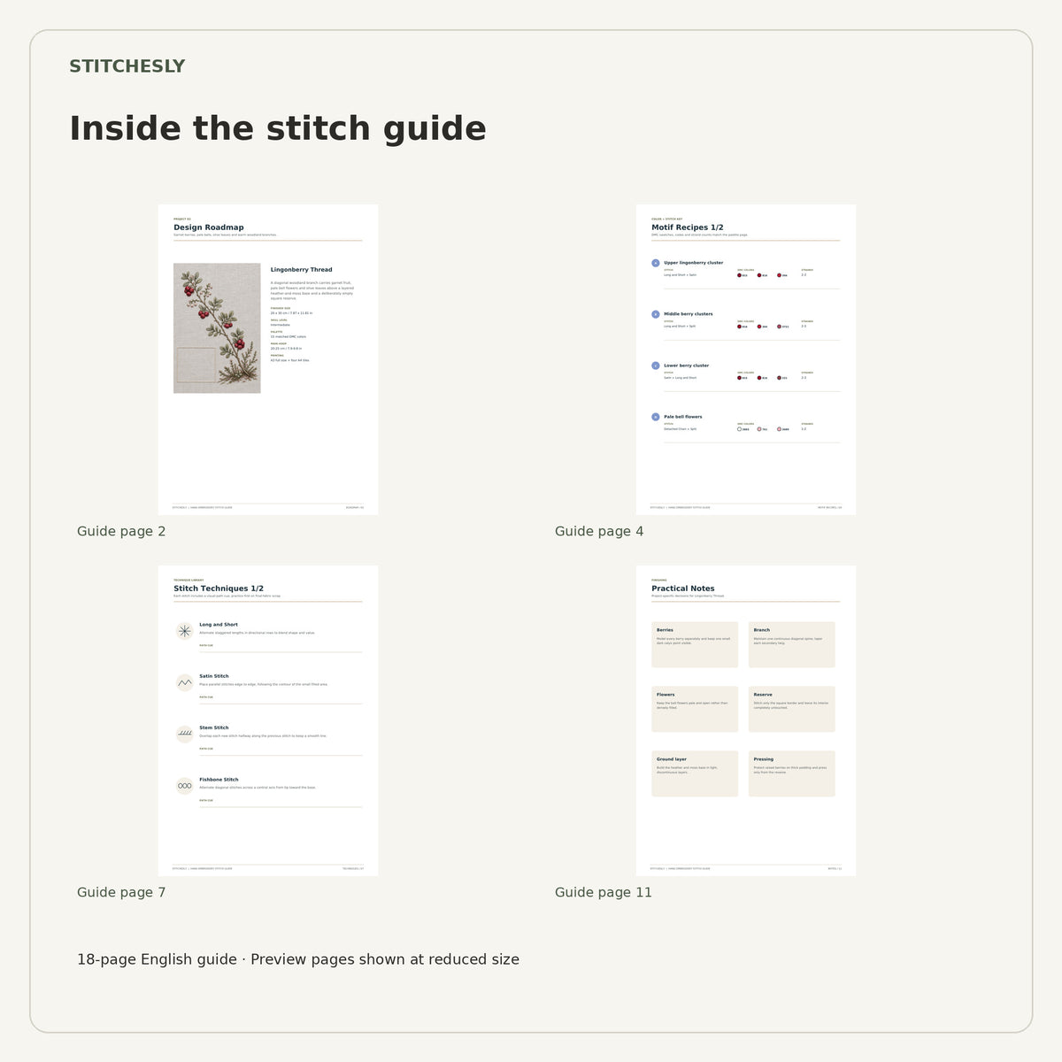 Four reduced-size preview pages from the 18-page Lingonberry Thread stitch guide.