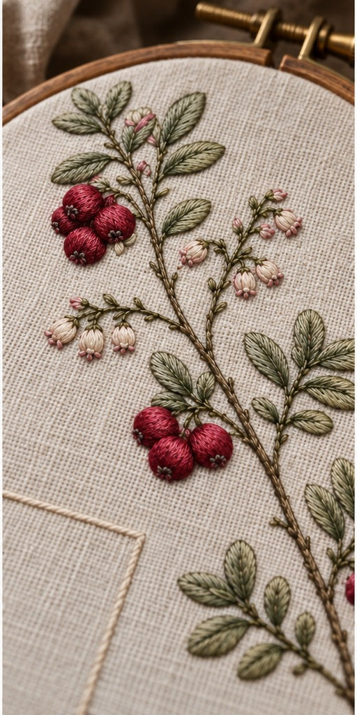 Close view of berry embroidery mockup featuring the Lingonberry Thread hand embroidery design. Garnet lingonberries and pale bell flowers follow a diagonal woodland branch.