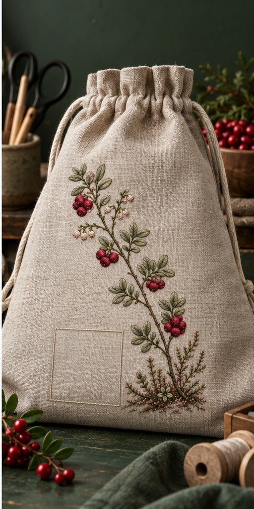 Drawstring bag mockup featuring the Lingonberry Thread hand embroidery design. Garnet lingonberries and pale bell flowers follow a diagonal woodland branch.