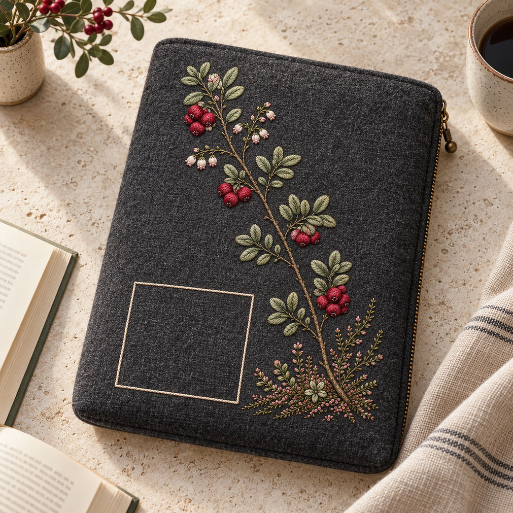 Dark linen notebook cover mockup featuring the Lingonberry Thread hand embroidery design. Garnet lingonberries and pale bell flowers follow a diagonal woodland branch.