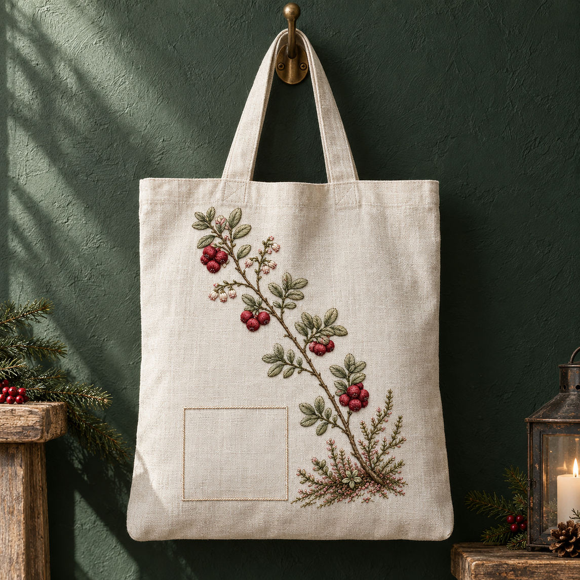 Linen tote bag mockup featuring the Lingonberry Thread hand embroidery design. Garnet lingonberries and pale bell flowers follow a diagonal woodland branch.