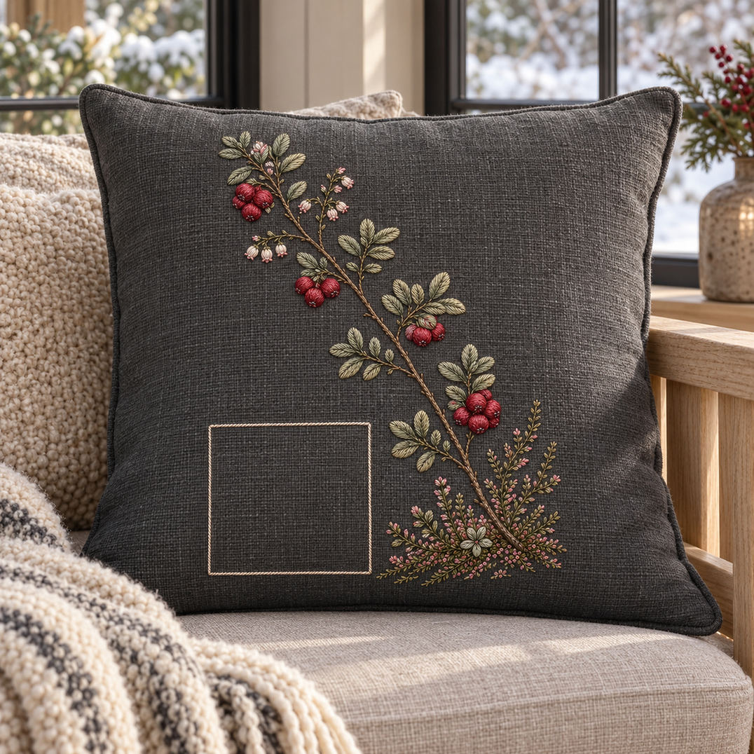 Dark linen cushion mockup featuring the Lingonberry Thread hand embroidery design. Garnet lingonberries and pale bell flowers follow a diagonal woodland branch.