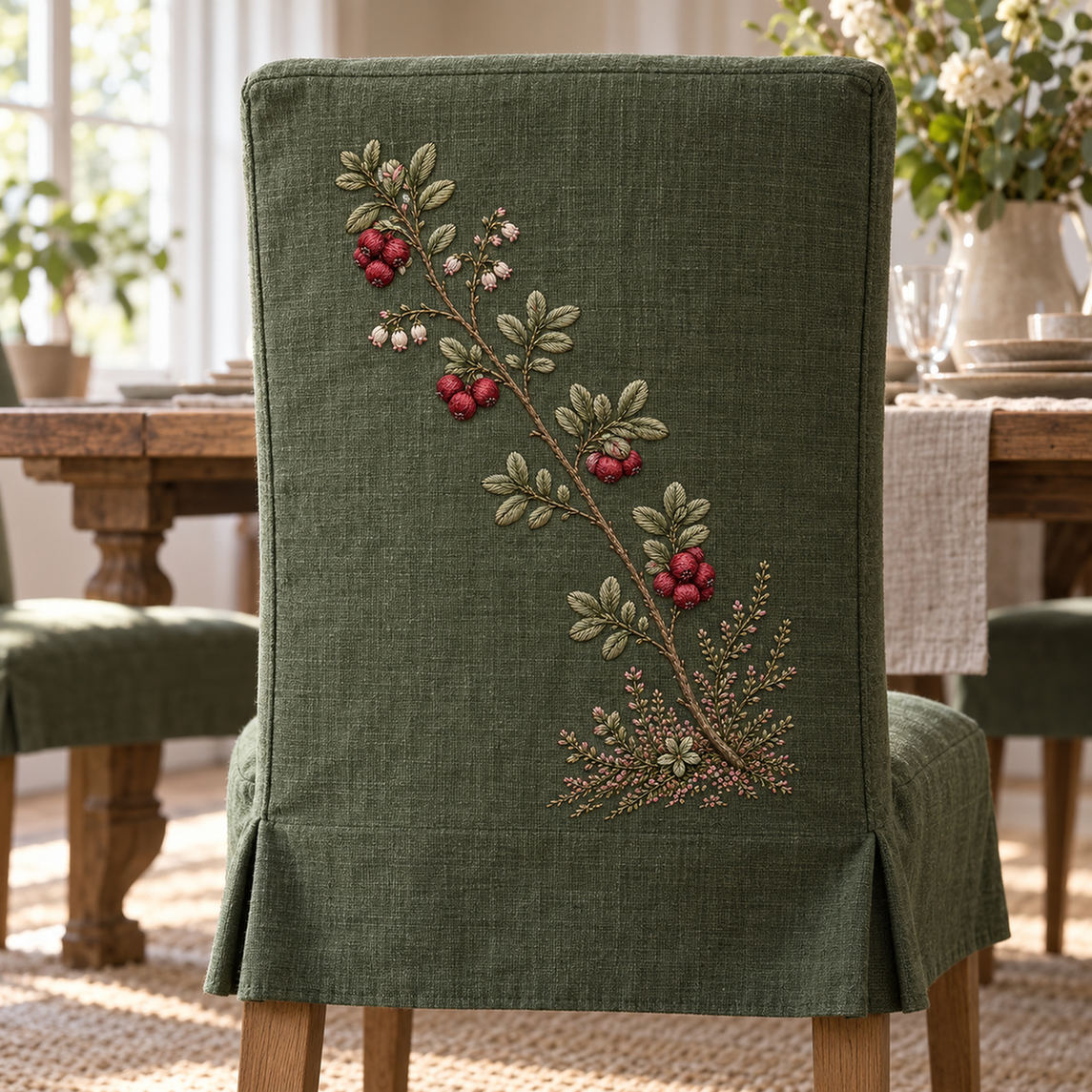 Green textile notebook cover mockup featuring the Lingonberry Thread hand embroidery design. Garnet lingonberries and pale bell flowers follow a diagonal woodland branch.