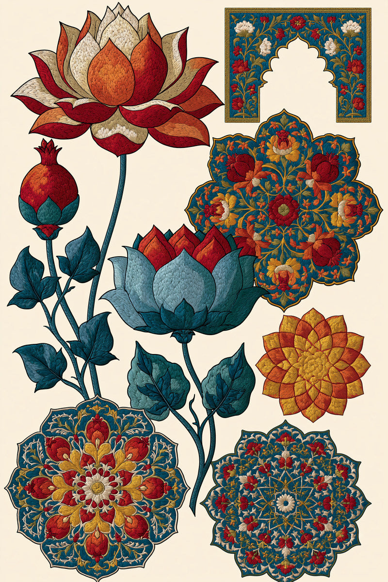 Lotus And Palace Motif Collection from Mughal, Persian & Oriental Embroidery Book 4, a digital embroidery design reference for machine embroidery designs, embroidery patterns and lace and broderie details.