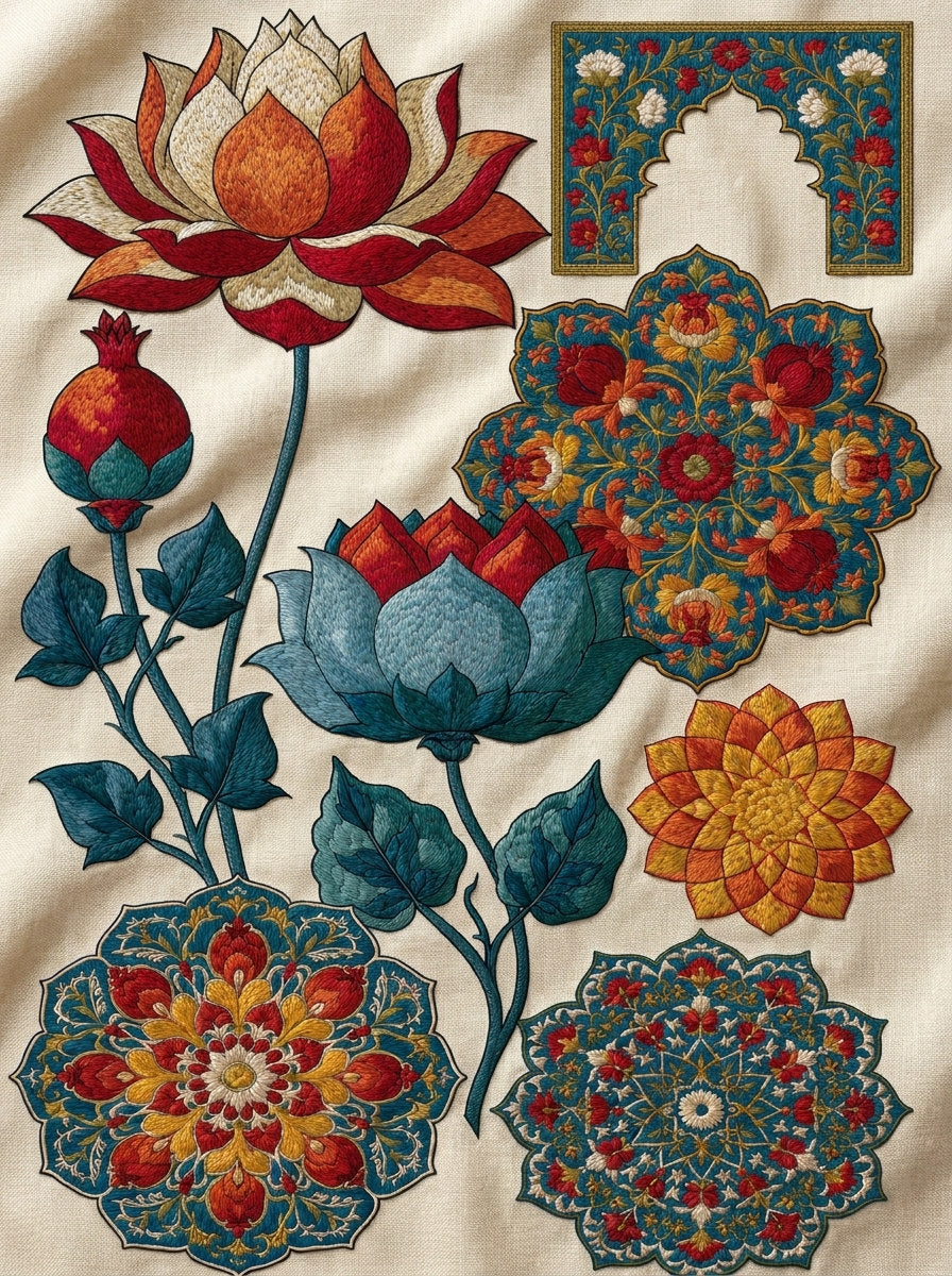 Lotus And Palace Motif Collection from Mughal, Persian & Oriental Embroidery Book 4, a digital embroidery design reference for machine embroidery designs, embroidery patterns and lace and broderie details.