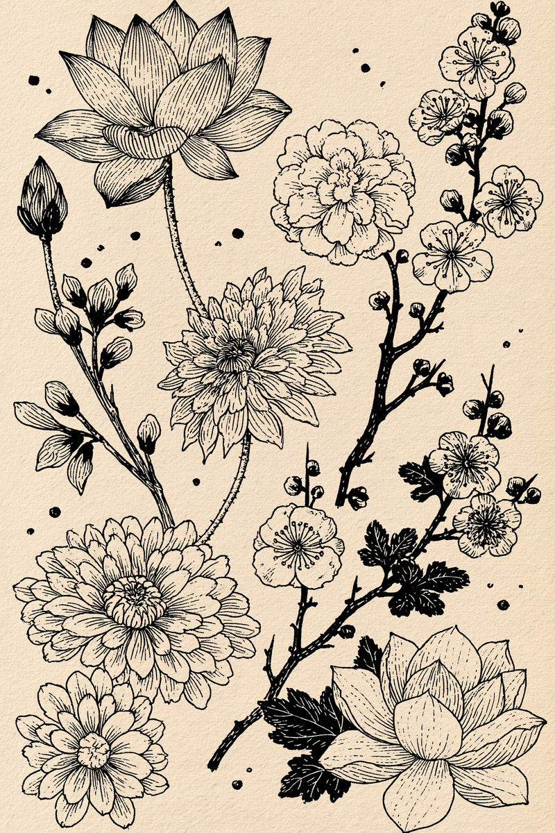 Lotus Chrysanthemum And Plum Blossom from East Asian Inspired Embroidery Book 4, a digital embroidery design reference for machine embroidery designs, embroidery patterns and embroidery design reference.