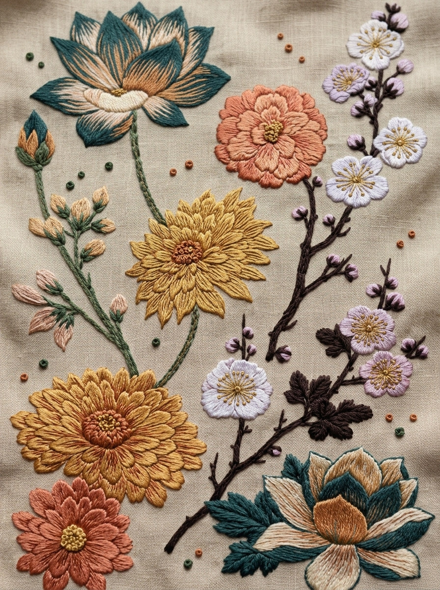 Lotus Chrysanthemum And Plum Blossom from East Asian Inspired Embroidery Book 4, a digital embroidery design reference for machine embroidery designs, embroidery patterns and embroidery design reference.