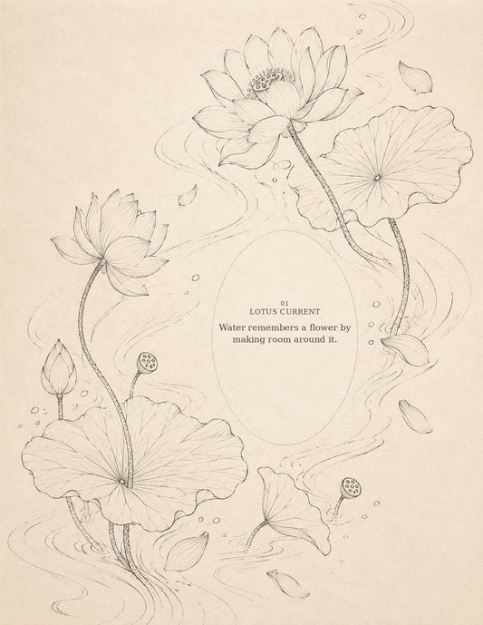 Lotus Current botanical line drawing from The Cloth Remembers repair stitch study